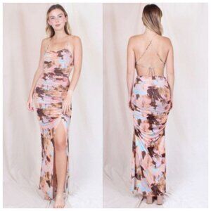 FORE Collection Acacia Maxi Dress Ruched Mesh Tie Back Abstract Print Split Smal